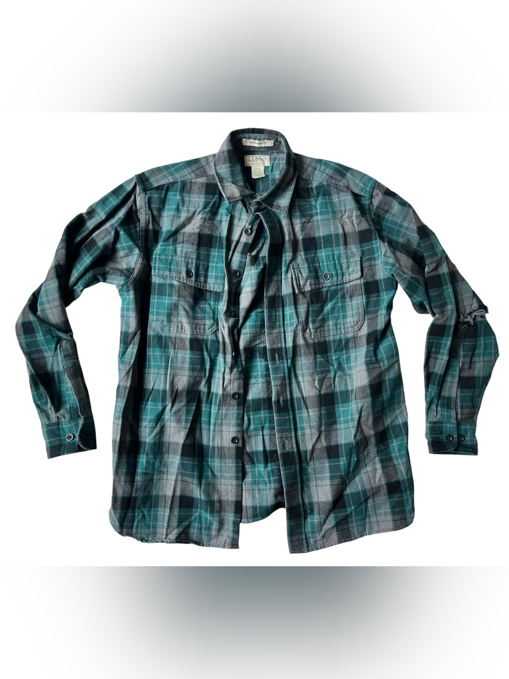 VINTAGE LL BEAN CHAMOIS CLOTH GREEN PLAID SHIRT TRADITIONAL FIT MEDIUM COTTON
